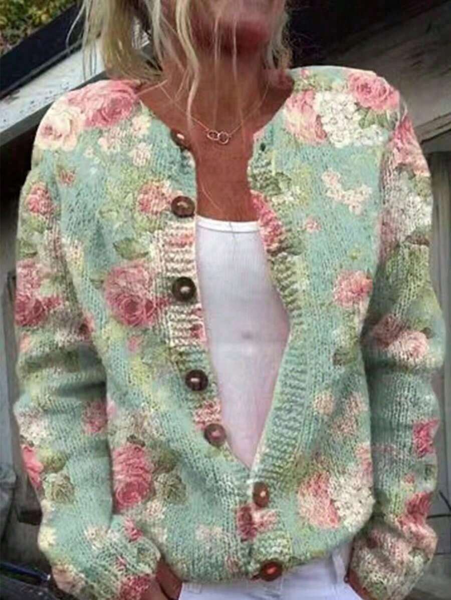 Women's Long Sleeved Casual Cardigan With Rose Decoration, Sweet, Cute And Charming, Minimalist Women's Clothing For Autumn And Winter - Màu xanh Bạc hà - Xem 1