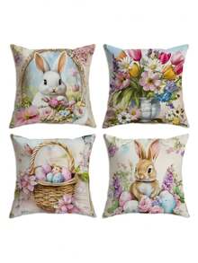 1/2/4件装复活节兔子花卉印花枕套，节日装饰靠垫套，不含枕芯，适用于客厅、沙发、门廊、户外等场所。 - 彩色 - 查看 1