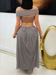 Women's Elegant Sexy Strapless Cut Out Mesh Dress - Slim Fit Off-Shoulder Sleeveless Party Dress, Stretchy Sheer Fabric Date Night Outfit - C7430 - 灰褐色 - 查看 3