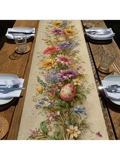 1pc Elegant Floral Easter Egg Table Runner - Spring Tablecloth, Suitable For Easter, Wedding, Birthday, Mother's Day - Decor - For Home, Restaurant, Buffet Table Decoration