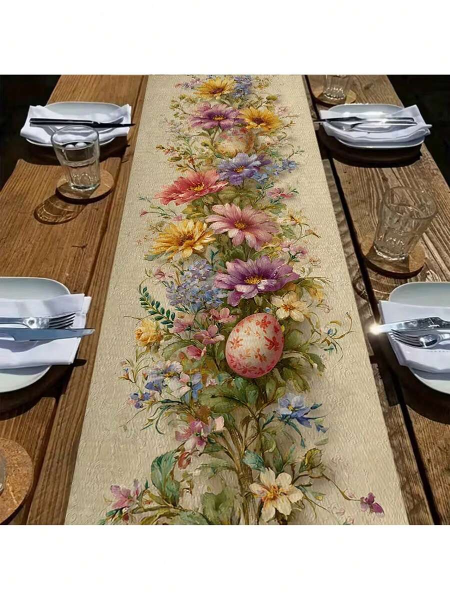 1pc Elegant Floral Easter Egg Table Runner - Spring Tablecloth, Suitable For Easter, Wedding, Birthday, Mother's Day - Decor - For Home, Restaurant, Buffet Table Decoration - Purple - View 1