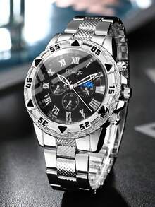 3pcs Men's Business Luxury Set, Including Silver-Blue Dial Quartz Watch, Embossed Wallet And Metal Ballpoint Pen. The Watch Features Roman Numerals And Multi-Function Chronograph Design, With Embossed Steel Strap, Exuding An Elegant And Steady Style. - Silver - View 3