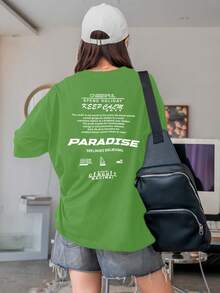 Women's Oversized Printed T-Shirt - Cheerful Paradise Phrase - Loose, Casual, Stylish, Modern, And Cool Blouse - 綠色 - 查看 4