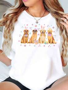 Cute Dogs With Easter Bunny Ears And Eggs Print Round Neck Casual Spring Festival Gift Women T Shirt 220g - 白色 - 查看 1