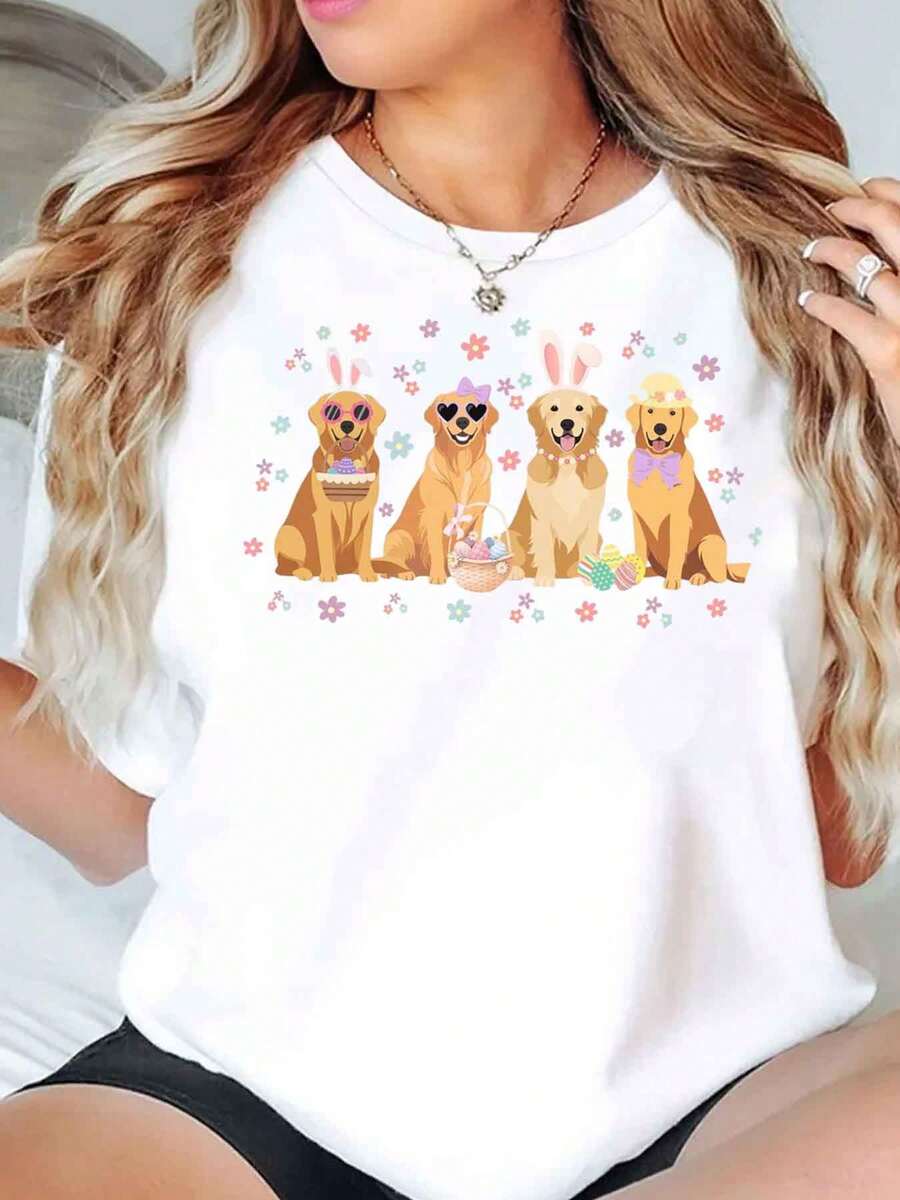 Cute Dogs With Easter Bunny Ears And Eggs Print Round Neck Casual Spring Festival Gift Women T Shirt 220g - 白色 - 查看 1