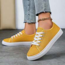 Women's Canvas Low-Top Sneakers: Durable Fabric & Lightweight Sole, Comfort For Daily Errands & Casual Outfit Matching    Sporty    Lace Up  Grommet Eyelet    Home - Màu vàng - Xem 2