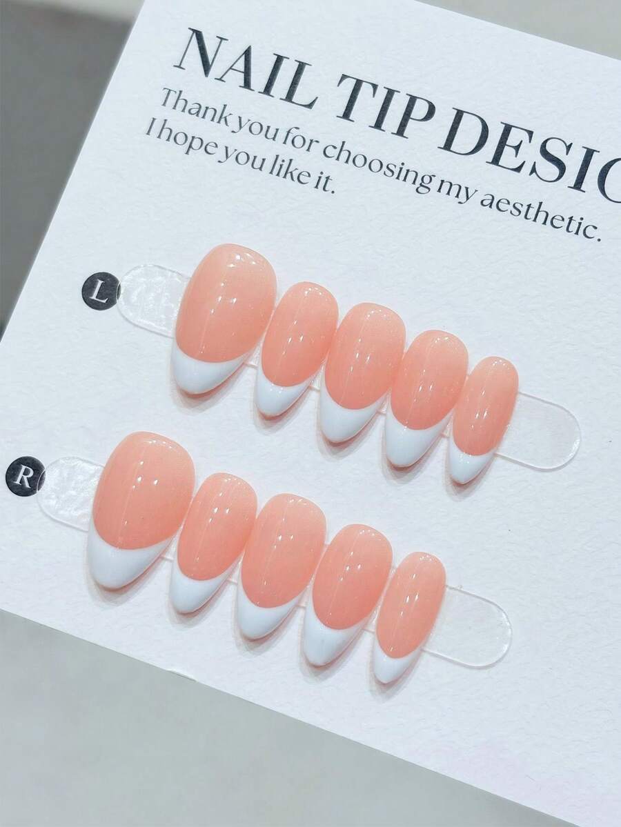 10pcs/Set  Handmade Press On Nails,Short Almond-Shaped Nail-Shaped Fake Nails, Classic And Simple Style, Diy Hand-Painted White French Fingertips With Nude Nail Background, High-End Manicure Fake Nail Pieces, Suitable For Daily Wear Of Women And Girls, With Nail Set Press On Nails Nail Supplies Nails - 白色 - 查看 1