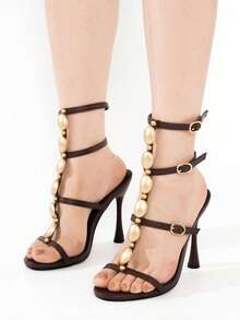 女士条纹细高跟凉鞋，彩色装饰搭扣罗马鞋，尺码 35-42，夏季 - 棕色 - 查看 3