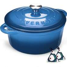 26cm/5.2L Enamelled Cast Iron Round Casserole Dish With Lid,5.5QT, Cookbook -Non-Stick Dutch Oven For Braising, Stews, Roasting, Bread Baking - 藍寶石藍 - 查看 5