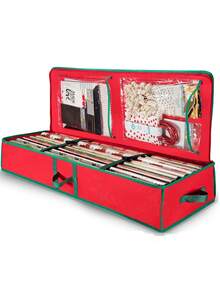 1 pezzo Borsa portaoggetti in carta da imballaggio rossa con manico e cerniera, borsa organizer pieghevole e impermeabile per confezioni regalo, borsa per contenimento sottoletto con bordo verde adatta a varie dimensioni di carta da imballaggio, contenitore in tessuto Oxford rosso, ideale per l'organizzazione della carta da imballaggio per il Ringraziamento, San Valentino e altre festività - Rosso - Visualizzare 5