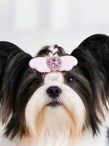 1pc/2pcs/4pcs Valentine's Day Pet Decor Heart Hair Clips, Angel Wings With Heart Rhinestones, Cute Hair Accessories - Pink - View 1