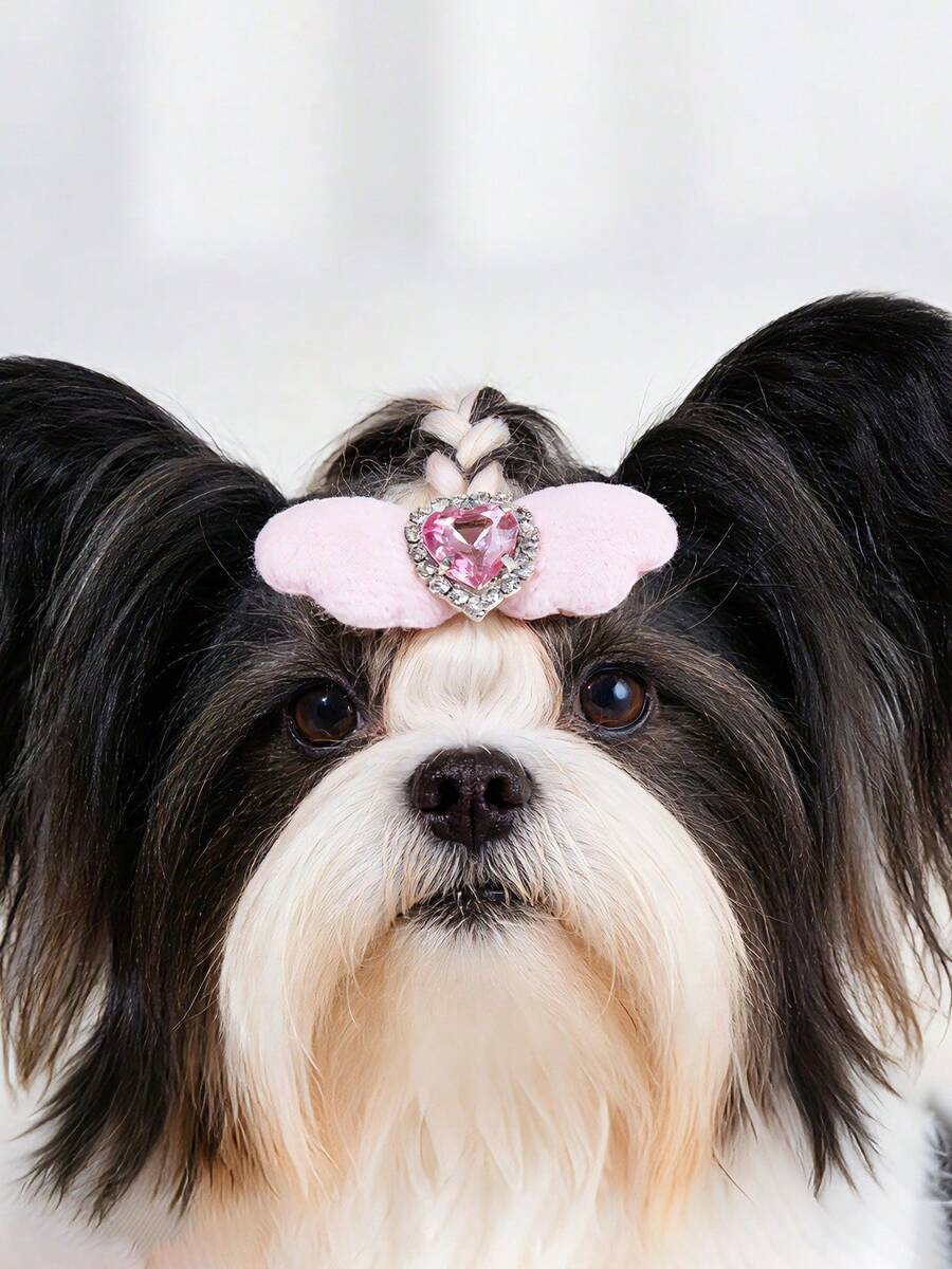 1pc/2pcs/4pcs Valentine's Day Pet Decor Heart Hair Clips, Angel Wings With Heart Rhinestones, Cute Hair Accessories - Pink - View 1