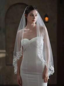 Appliques Decor Elegant Bridal Veil With Hair Comb For Wedding - trắng - Xem 1