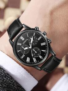 4件套男士PU皮表带、石英表链、项链、戒指首饰套装，商务复古简约罗马表盘，适合日常佩戴装饰或作为节日礼物送给朋友和父亲。 - 彩色 - 查看 5