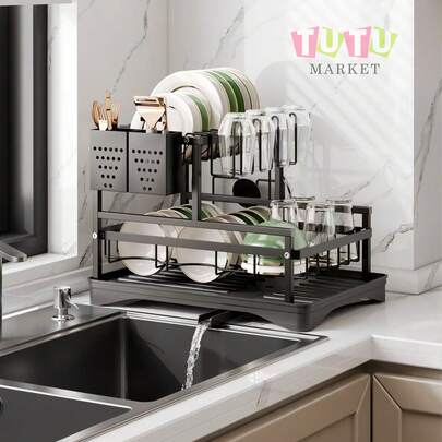 1 Juego De Escurridor De Platos De Encimera De Cocina Negro, Escurridor De Almacenamiento Multifuncional De Doble Capa, Elementos Esenciales De OrganizacióN, Escurridor De Platos De Encimera De Cocina, Escurridor De Platos De Metal De Dos Capas A Prueba De óXido, Escurridor De Cubiertos Con Portavasos, Elementos Esenciales De OrganizacióN Y Almacenamiento De Fregadero De Acero Inoxidable, Con Escurridor De Cubiertos, Adecuado Para Platos, Tazones Y Cubiertos, DiseñO Que Ahorra Espacio, Drenaje Elegante, No Requiere Instalación