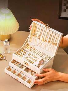 1pc Jewelry Storage Box, Large Capacity Jewelry Box With Lock, Large PU Leather Jewelry Box, Watch Storage Box, Earring, Necklace, Ring, Bracelet Storage Box, Drawer-Type Jewelry Storage And Display Box, Dressing Table Organizer, Jewelry Storage And Organization, Holiday Gift, Women's Gift, Valentine - 白色 - 查看 1
