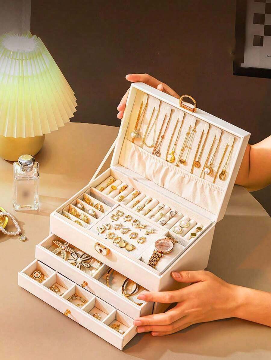 1pc Jewelry Storage Box, Large Capacity Jewelry Box With Lock, Large PU Leather Jewelry Box, Watch Storage Box, Earring, Necklace, Ring, Bracelet Storage Box, Drawer-Type Jewelry Storage And Display Box, Dressing Table Organizer, Jewelry Storage And Organization, Holiday Gift, Women's Gift, Valentine - 白色 - 查看 1