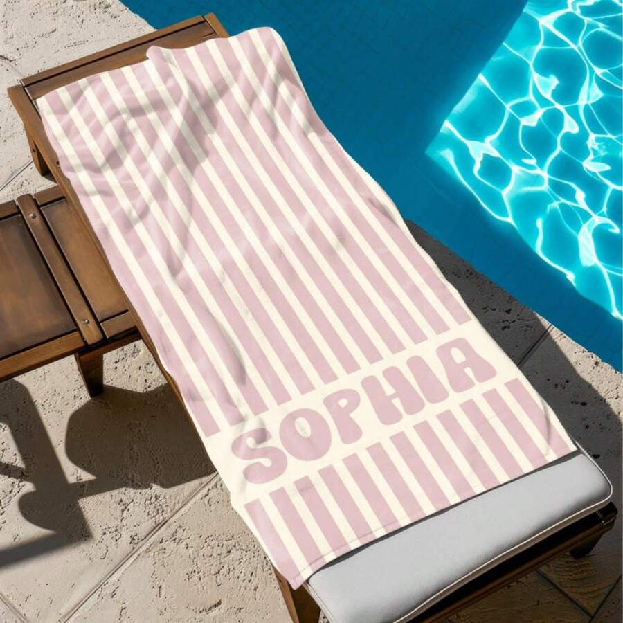 1pc 29″X58″ 31″X71″ Personalized Name Stripe Beach Towel, Oversized Custom Monogram Pool Towel, Signature Beach Towel, Vacation Gift, Picnic Towel, Birthday Anniversary Graduation Valentine Day Mother's Day Wedding Vacation Gift - 白色 - 查看 1