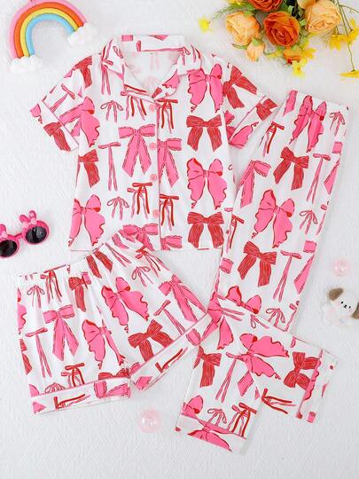 3件套女童休闲可爱蝴蝶结印花POLO领短袖开衫+短裤+长裤睡衣套装，阻燃，四季皆宜
