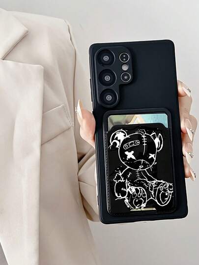 1pc Solid Black TPU Shockproof Phone Case And 1pc Black Bear Doodle Pattern Adhesive Card Holder 2-In-1 Fashionable Creative Phone Case, Suitable As Birthday, Holiday, Anniversary Gift For Girlfriend/Boyfriend, Best Friend, Spouse, Family, Coworker, Student, Teacher