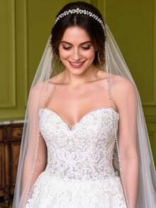 1pc Elegant Crystal Beaded Veil, 3 Meters Long, Suitable For Cathedral Wedding, Bridal Headpiece - Milky - View 3