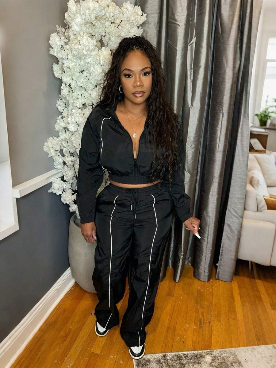 2pcs Women's Fashion Woven Contrast Striped Top And Wide Leg Elastic Waist Sports Pants Set Black Spring - Black - View 1