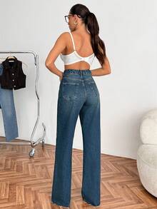 High Waist Plain Casual Comfortable Denim Pocket Zipper Button Jeans - Medium Wash - View 6