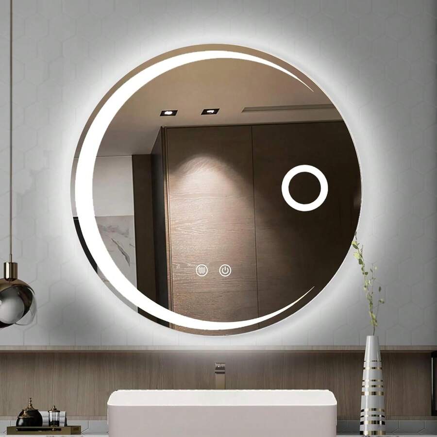 DASHLINE Bathroom Mirror, Round LED Bathroom Mirror With Memory Function And HD Defogger, Makeup Mirror, Smart Touch Buttons, 3 Dimmable Colors, 4mm Explosion-Proof Glass: Home & Kitchen - 灰月 - 查看 1