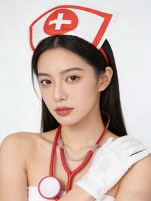 三件套护士服套装，含十字头带、听诊器、医疗配件，适合角色扮演、派对、单身舞会、节日趣味装扮，女士创意时尚基础款纯色涤纶服装 - 彩色 - 查看 5