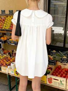 Women Fairy Short Sleeve Shirts Y2k Solid Color Doll Collar Loose Blouses Summer Casual Puffsleeve Tops Preppy Vintage Teen Girl Going Out Aesthetic Streetwear Coquette Clothes - 白色 - 查看 2