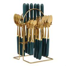 24-Piece Cutlery Set, Stainless Steel Cutlery Set With Stand For Kitchen Hotel - Dark Green - View 8