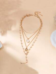 一套时尚欧美复古Y型长款仿珍珠花朵吊坠项链套装，金属项链和毛衣链，女士款