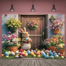 1pc Easter Banner, Featuring Egg, Flower And Rabbit Pattern, Suitable For Doorway, Made Of Polyester Fabric, Applicable For Birthday, Party, Holiday Celebration, Home Wall Decor, Easter Supplies And Photo Backdrop - Multicolor - View 3