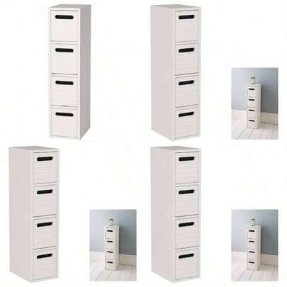 - White Bathroom Storage Cabinet, Narrow 4 Drawer Storage Unit, Wooden Bathroom Floor Cabinet, Fully Assembled, Freestanding Living Room, Dining Room, Kitchen, Bedroom.