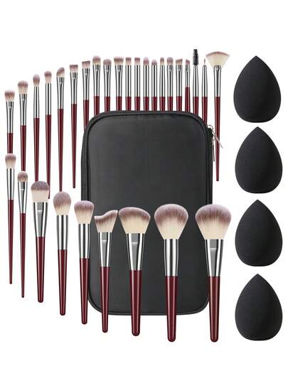 Un set completo de 35 piezas/1 pieza de brochas de maquillaje, que incluye 30 brochas suaves como brocha para polvo, brocha para rubor, brocha para contorno, brocha para iluminador, brocha para base, brocha para sombra de nariz, brocha para sombra de ojos, brocha para cejas, brocha para labios y brocha de detalle, además de 1 bolsa de maquillaje impermeable para viaje y 4 esponjas de maquillaje líquido, adecuado para principiantes, artistas de maquillaje profesionales y escenarios de práctica de belleza para novatos.