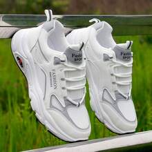 Zapatillas deportivas gruesas para hombres, adecuadas para todas las estaciones, versátiles, con malla transpirable para uso casual al aire libre, nuevos zapatos deportivos de estilo con suela gruesa - Blanco - Ver 7