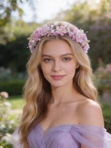 1件优雅花朵发箍，浪漫藤蔓花冠，粉色公主发饰，适合海滩、露营、婚礼等场合佩戴 - 彩色 - 查看 10