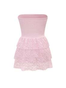 Đầm ôm sát Vaiaye Romantic Elegant Lace không dây vai, không tay, hở lưng, gợi cảm với hai lớp bèo nhún ở gấu váy, thích hợp cho đám cưới, tiệc tùng, hòa nhạc, lễ hội mùa hè, màu hồng. - Hồng - Xem 4