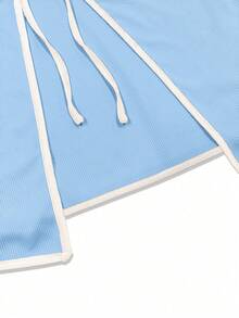 Đầm dệt kim trễ vai phối màu lãng mạn, thanh lịch dành cho nữ, phong cách phương Tây mùa hè. - Màu xanh nhạt - Xem 5