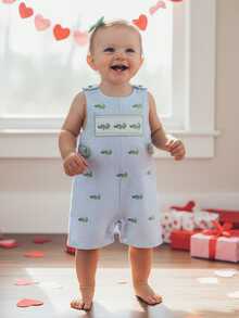 Baby Boy Summer Clothes Sleeveless Embroidery Dinosaur Gingham Retro Romper Jumpsuit Smocked Shortall - 藍色 - 查看 3