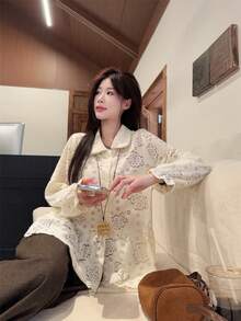 Sweet Peter Pan Collar Versatile Loose Fit Jacquard Long Sleeve Knit Shirt, Early Spring - Apricot - View 4