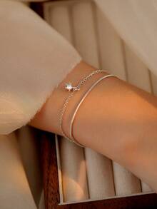 Tkool 2pcs Ethereal Solid Color Round Snake Chain Star Pendant Bracelet Set For Women - Silver - View 3