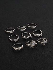 9pcs Silver Rhinestone Star Adjustable Rings Set, Personalized Metal Lava Texture Versatile - Silver - View 4