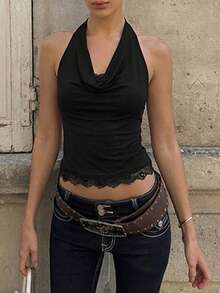 女士性感垂褶领吊带背心，蕾丝拼接深V露背短款上衣，纯色针织面料配蕾丝饰边，露背性感，适合派对、约会、休闲穿着，夏季黑色 - 黑色 - 查看 4