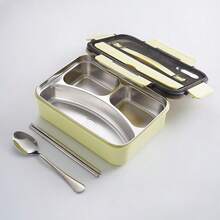 Stainless Steel Insulated Lunch Box - 304 Stainless Steel, Microwave , Portable Student Compartment Container With Handle For School, Picnic, And Travel, School Bento Box | Slim Metallic Surface | Durable Insulated Food Container - Màu xanh lam - Xem 3