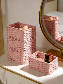 3pcs Rattan Desk Storage Baskets, Makeup, Keys, Snacks Tray, Home Living Room Woven Storage Baskets, SML Set, Handmade Desktop Organizer For Bedroom, Living Room, Study, Office, Suitable For Halloween, Valentine's Day, Christmas Decor - Pink - View 5