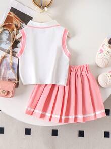 2pcs Girls' School Sports Heart Embroidery Sleeveless Polo Collar Top And Pleated Skirt Set, Summer - Pink - View 3