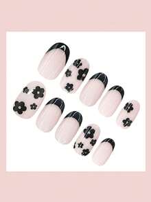 瞬间提升你的造型！24 件/套 短椭圆形裸粉色法式黑色边框装饰雏菊甜美酷炫可爱美甲套装，适合返校季佩戴，适合辣妹、上班族女性、派对、约会、日常佩戴和聚会使用。 - 黑色 - 查看 3