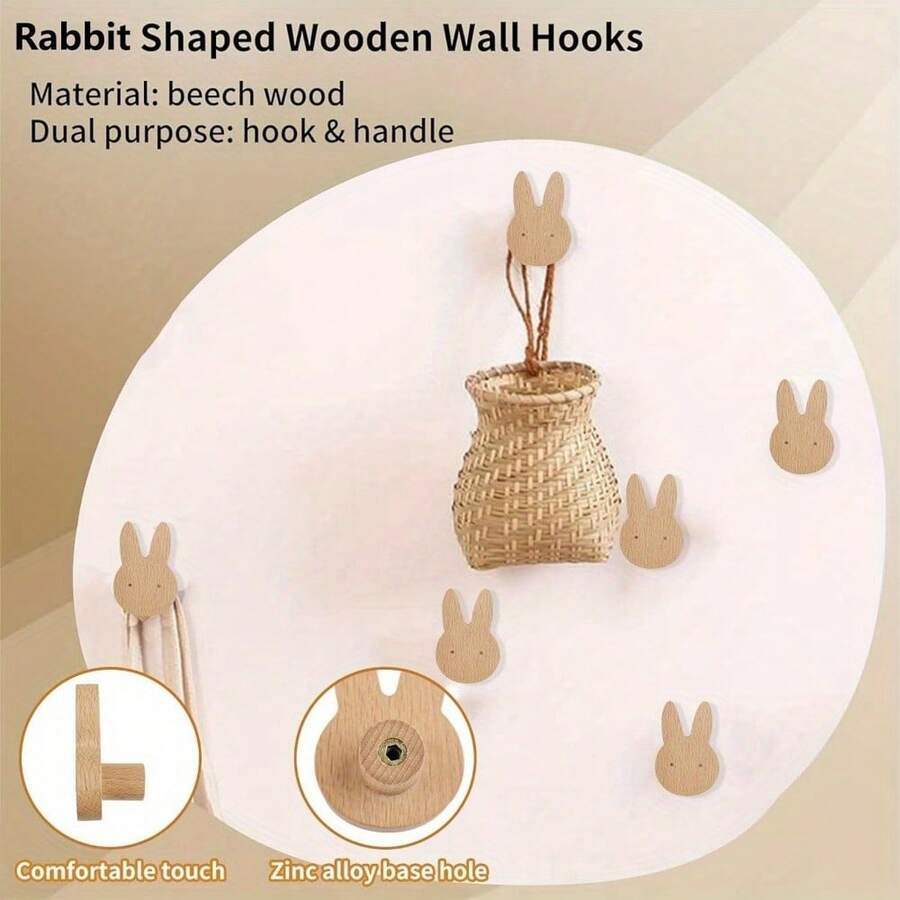 4/6pcs Wooden Rabbit Hook Natural Beech Wood Rabbit Knobs - Single Hole Cabinet Handles For Drawers & Chests, Includes Screws, Smooth Polished Finish, Cute & Durable Design - Multicolor - View 1