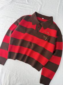 2025 Women's Autumn/Winter Fashion New Arrival, Streetwear/Commuter/Casual Comfort/Stylish Personality, Ins European And American Style Fashion Polo Collar Long Sleeve Contrast Stripe Pullover Knit Sweater - Multicolor - View 2